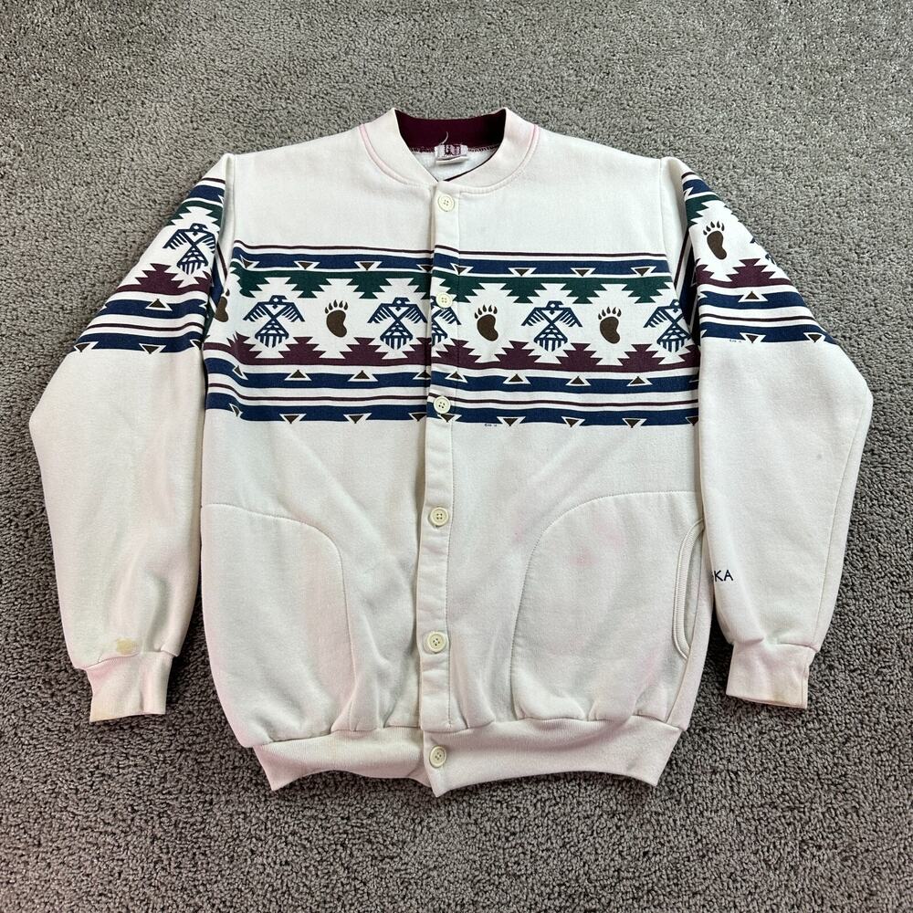 VINTAGE 90s Art Unlimited Alaska Sweater Mens Large White Red Cardigan READ